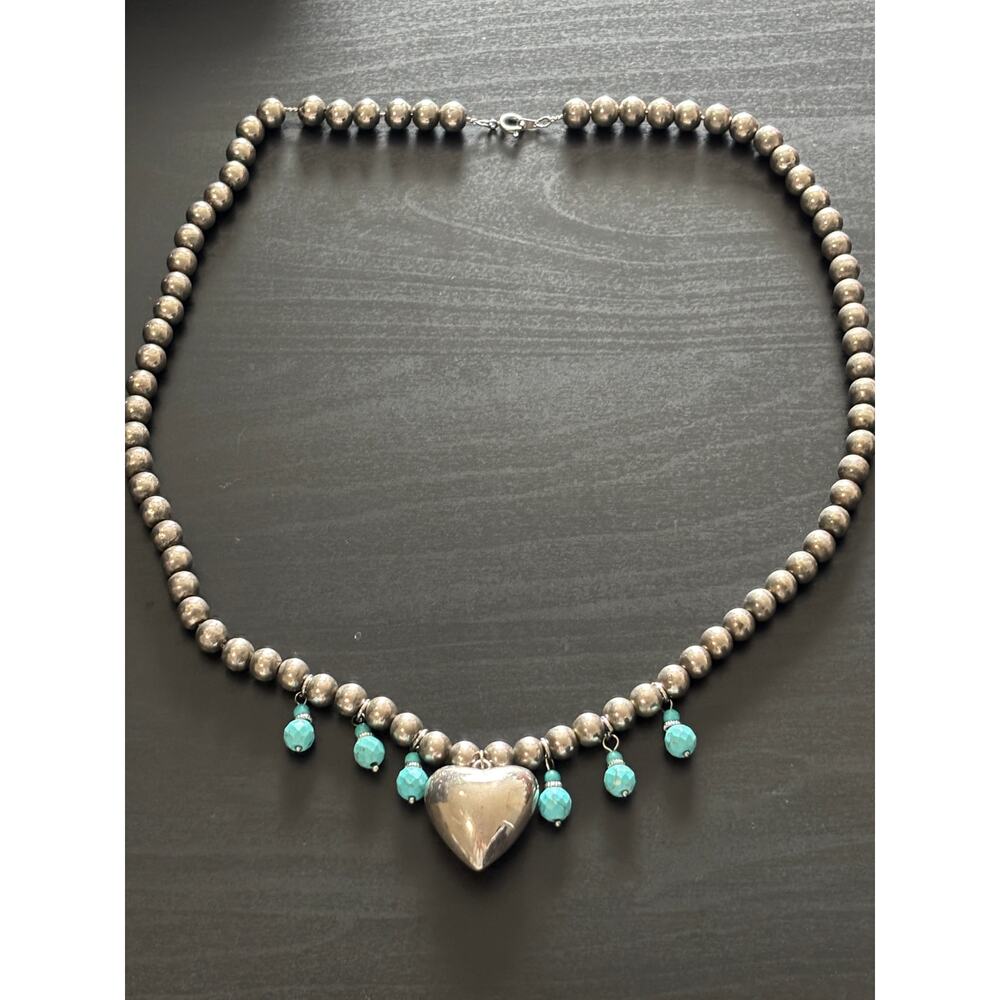 Vintage Silver Tone Beaded Necklace With Puffy Heart Pendant / Charm